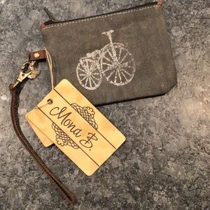 Mona B small zip pouch, bicycle design, repurposed canvas, NWT, wristlet